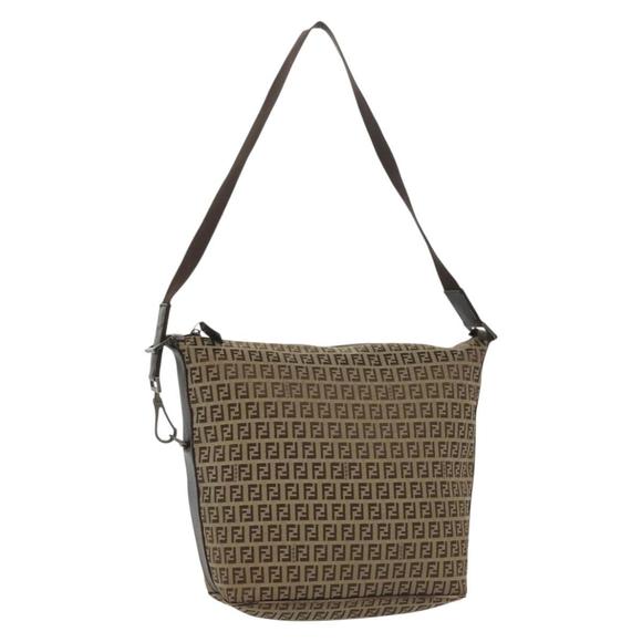 FENDI Zucchino Canvas Shoulder Bag Beige Brown Auth 137627